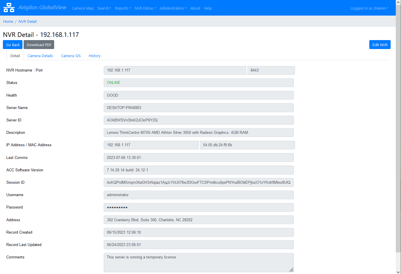 NVR detail page screenshot